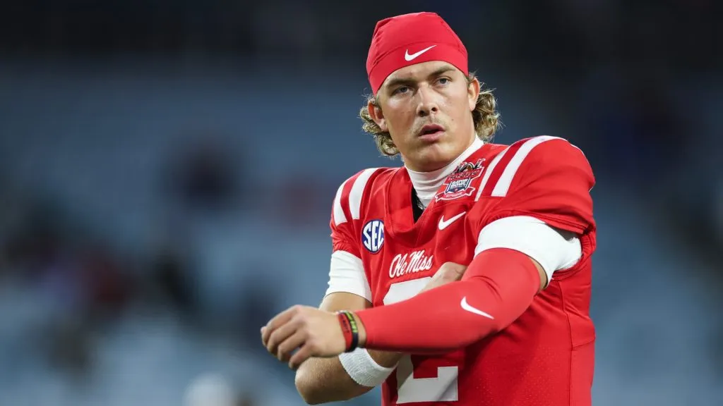 Jaxson Dart #2 of the Mississippi Rebels looks on before the start of a game against the Duke Blue Devils at EverBank Stadium on January 02, 2025. (Source: James Gilbert/Getty Images)