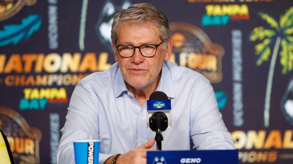 Geno Auriemma speaks to the media during a press conference after beating the South Carolina Gamecocks to win the National Championship of the NCAA Women’s Basketball Tournament. (Source: Mike Ehrmann/Getty Images)