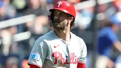 Bryce Harper #3 of the Philadelphia Phillies looks on against the during their game at Citi Field on April 23, 2025 in New York City.
