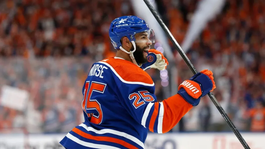 Darnell Nurse #25 of the Edmonton Oilers celebrates after scoring a goal against the Florida Panthers during the third period of Game Six of the 2024 Stanley Cup Final at Rogers Place on June 21, 2024 in Edmonton, Alberta.