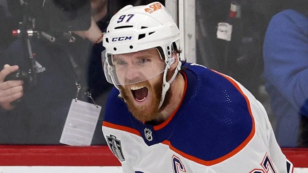 Connor McDavid #97 of the Edmonton Oilers reacts after scoring an empty net goal during the third period against the Florida Panthers in Game Five of the 2024 Stanley Cup Final at Amerant Bank Arena on June 18, 2024 in Sunrise, Florida.