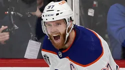 Connor McDavid #97 of the Edmonton Oilers reacts after scoring an empty net goal during the third period against the Florida Panthers in Game Five of the 2024 Stanley Cup Final at Amerant Bank Arena on June 18, 2024 in Sunrise, Florida.
