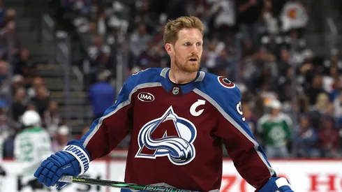 Gabriel Landeskog #92 of the Colorado Avalanche warms up before the game against the Dallas Stars in Game Three of the First Round of the 2025 Stanley Cup Playoffs at Ball Arena on April 23, 2025 in Denver, Colorado.