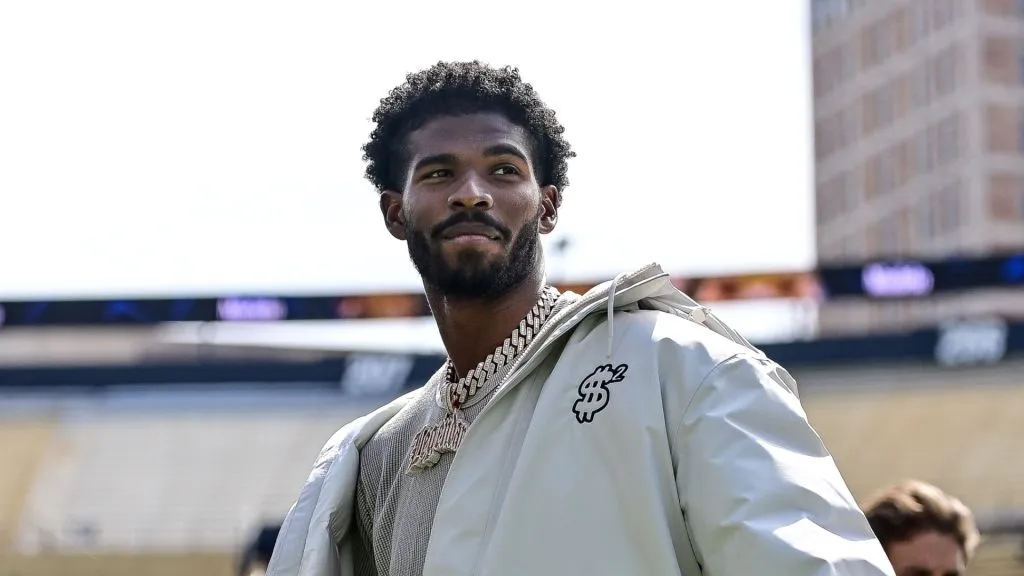 Former Colorado Buffaloes quarterback Shedeur Sanders looks on during a ceremony to retire his jersey before the Black and Gold Spring Game at Folsom Field on April 19, 2025 in Boulder, Colorado.