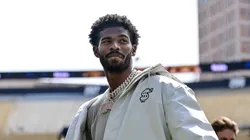 Former Colorado Buffaloes quarterback Shedeur Sanders looks on during a ceremony to retire his jersey before the Black and Gold Spring Game at Folsom Field on April 19, 2025 in Boulder, Colorado.