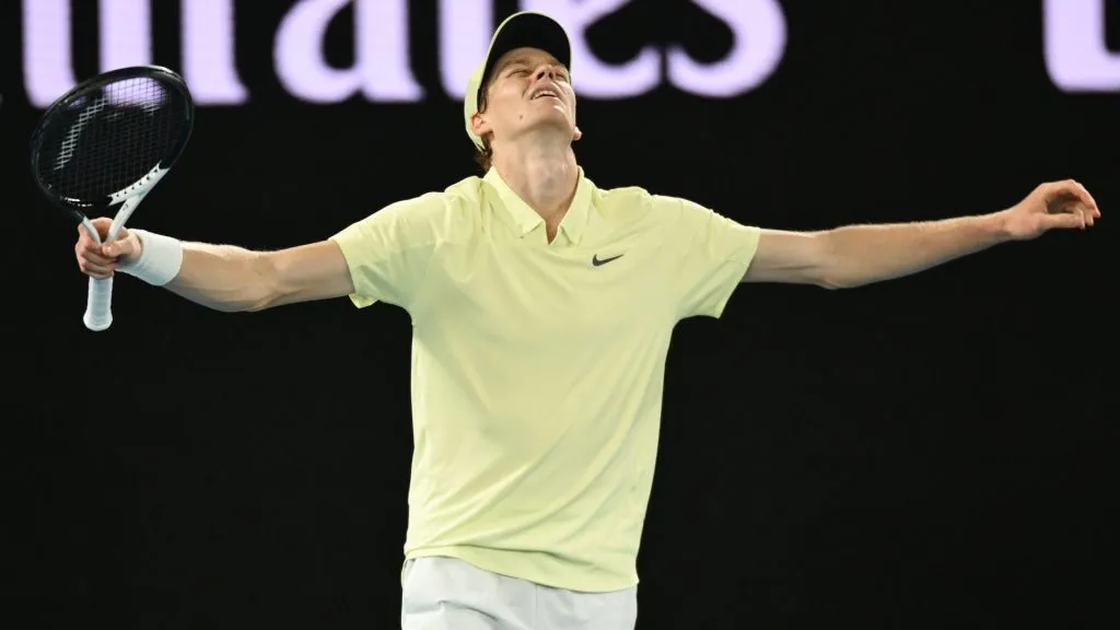 Jannik Sinner of Italy celebrates winning the championship point against Alexander Zverev of Germany in the 2025 Australian Open. (Quinn Rooney/Getty Images)