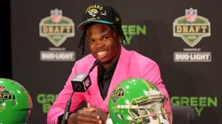 Wide Receiver/Cornerback Travis Hunter of Colorado speaks with media after being selected second overall pick by the Jacksonville Jaguars during the first round of the 2025 NFL Draft at Lambeau Field on April 24, 2025 in Green Bay, Wisconsin.
