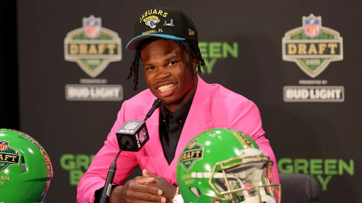 Wide Receiver/Cornerback Travis Hunter of Colorado speaks with media after being selected second overall pick by the Jacksonville Jaguars during the first round of the 2025 NFL Draft at Lambeau Field on April 24, 2025 in Green Bay, Wisconsin.