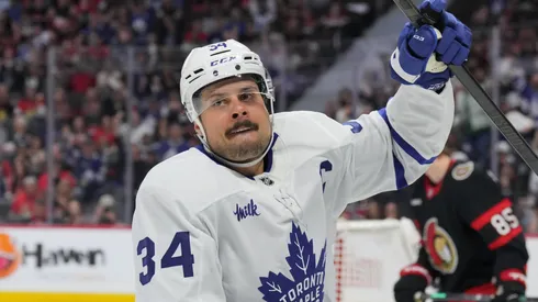 Auston Matthews #34 of the Toronto Maple Leafs celebrates his goal against the Ottawa Senators during the third period of Game Three of the First Round of the 2025 Stanley Cup Playoffs at Canadian Tire Centre on April 24, 2025 in Ottawa, Ontario, Canada.