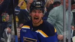 Pavel Buchnevich #89 of the St. Louis Blues celebrates after scoring a goal against the Winnipeg Jets during the first period of Game Three of the First Round of the 2025 Stanley Cup Playoffs.