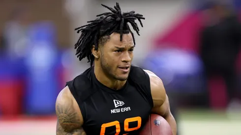 Omarion Hampton #RB09 of North Carolina participates in a drill during the NFL Scouting Combine at Lucas Oil Stadium on March 01, 2025 in Indianapolis, Indiana.
