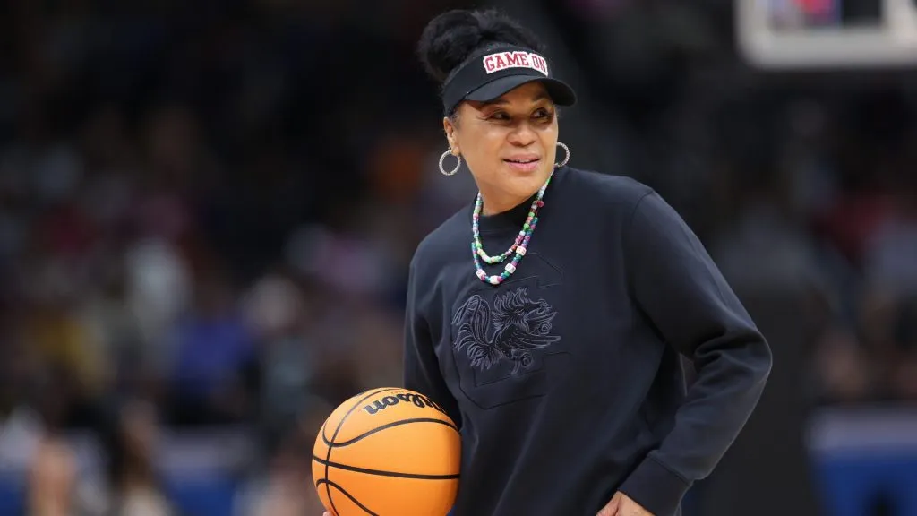 Head coach Dawn Staley of the South Carolina Gamecocks looks on during an open practice session ahead of the 2024 NCAA Women’s Basketball Final Four National Championship. (Source: Steph Chambers/Getty Images)