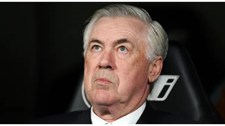 Carlo Ancelotti, Head Coach of Real Madrid, looks on prior to the LaLiga match between Real Madrid CF and Athletic Club at Estadio Santiago Bernabeu on April 20, 2025 in Madrid, Spain.