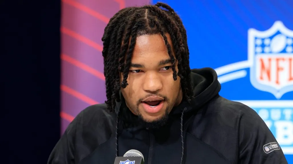 Mike Green #DL49 of Marshall speaks to the media during the 2025 NFL Combine at the Indiana Convention Center on February 26, 2025. (Source: Justin Casterline/Getty Images)