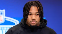 Mike Green #DL49 of Marshall speaks to the media during the 2025 NFL Combine at the Indiana Convention Center on February 26, 2025.