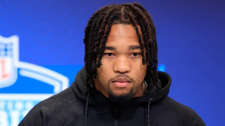 Mike Green #DL49 of Marshall speaks to the media during the 2025 NFL Combine at the Indiana Convention Center on February 26, 2025.
