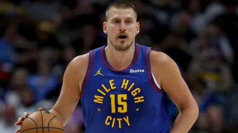 Nikola Jokic #15 of the Denver Nuggets dribbles the ball in Game One of the Western Conference First Round NBA Playoffs against the LA Clippers.