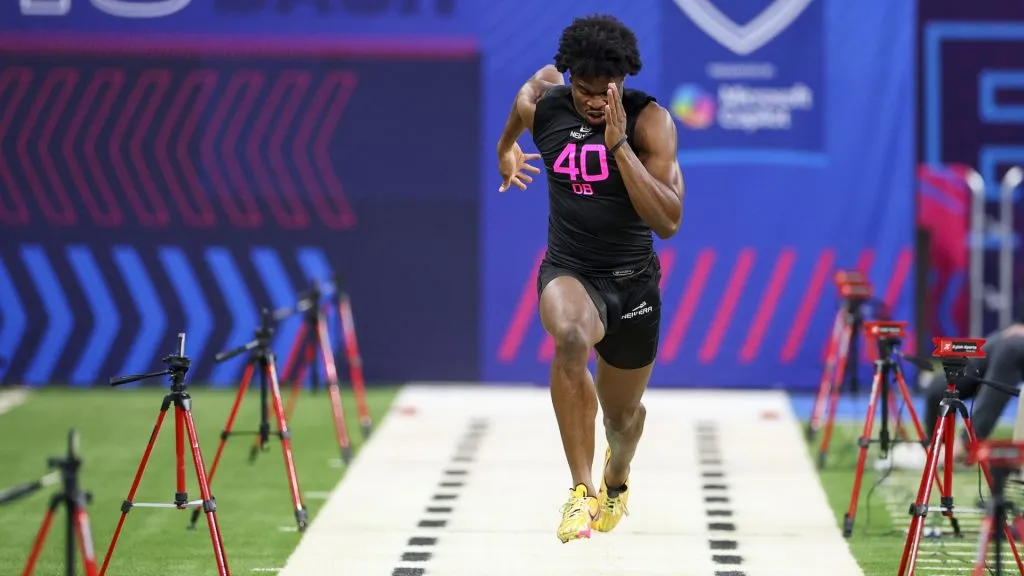 Nick Emmanwori #DB40 of South Carolina participates in a drill during the NFL Scouting Combine at Lucas Oil Stadium on February 28, 2025. (Source: Stacy Revere/Getty Images)