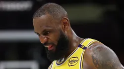 LeBron James #23 of the Los Angeles Lakers reacts during a game vs the Timberwolves