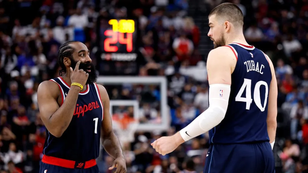 James Harden #1 reacts alongside Ivica Zubac #40 of the Los Angeles Clippers against the Denver Nuggets during Game 3 of the NBA Playoffs. (Ronald Martinez/Getty Images)