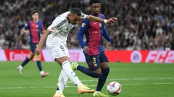 Kylian Mbappe of Real Madrid shoots and misses during the LaLiga match between Real Madrid CF and FC Barcelona at Estadio Santiago Bernabeu on October 26, 2024 in Madrid, Spain.
