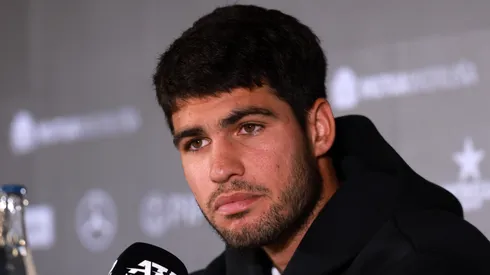 Carlos Alcaraz of Spain speaks to the media in a press conference after the announcement of his withdrawal from the Madrid Open due to injury.