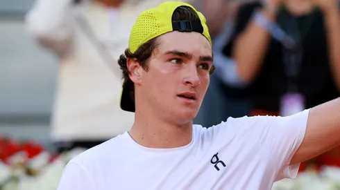 Joao Fonseca of Brazil gestures against Elmer Moeller of Denmark in the Men's Singles First Round match during Day Three of the Mutua Madrid Open.