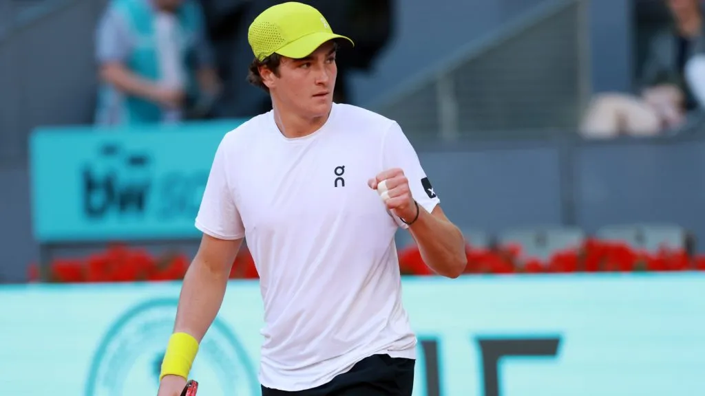 Joao Fonseca of Brazil celebrates a point against Elmer Moeller of Denmark during Day Three of the Mutua Madrid Open. (Clive Brunskill/Getty Images)