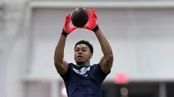 Tre Harris #9 of the Mississippi Rebels participates in a drill during Ole Miss Pro Day at the Manning Athletic Center on March 28, 2025 in Oxford, Mississippi.
