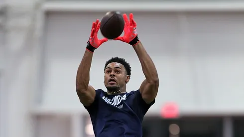 Tre Harris #9 of the Mississippi Rebels participates in a drill during Ole Miss Pro Day at the Manning Athletic Center on March 28, 2025 in Oxford, Mississippi.