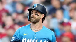 Bryce Harper at bat during a game against the Marlins on April 18, 2025 in Philadelphia.