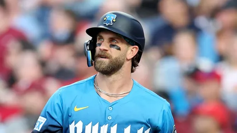 Bryce Harper at bat during a game against the Marlins on April 18, 2025 in Philadelphia.