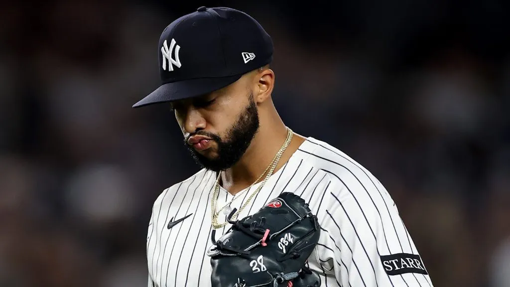 Devin Williams #38 of the New York Yankees reacts after he is pulled from the game in the ninth inning against the Toronto Blue Jays