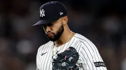 Devin Williams #38 of the New York Yankees reacts after he is pulled from the game in the ninth inning against the Toronto Blue Jays at Yankee Stadium on April 25, 2025 in the Bronx borough of New York City. The Toronto Blue Jays defeated the New York Yankees 4-2.
