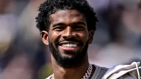 Former Colorado Buffaloes quarterback Shedeur Sanders looks on during a ceremony to retire his jersey before the Black and Gold Spring Game at Folsom Field on April 19, 2025 in Boulder, Colorado.