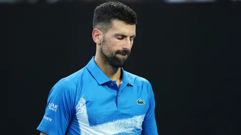 Novak Djokovic of Serbia reacts against Tomas Machac of the Czech Republic in the Men's Singles Third Round match during the 2025 Australian Open.