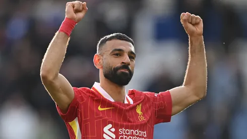 Mohamed Salah of Liverpool celebrates victory after the Premier League match between Leicester City FC and Liverpool FC at The King Power Stadium on April 20, 2025 in Leicester, England.