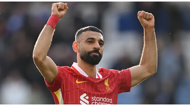 Mohamed Salah of Liverpool celebrates victory after the Premier League match between Leicester City FC and Liverpool FC at The King Power Stadium on April 20, 2025 in Leicester, England.