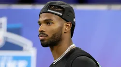 Shedeur Sanders #QB13 of Colorado looks on during the NFL Scouting Combine at Lucas Oil Stadium on March 01, 2025 in Indianapolis, Indiana.
