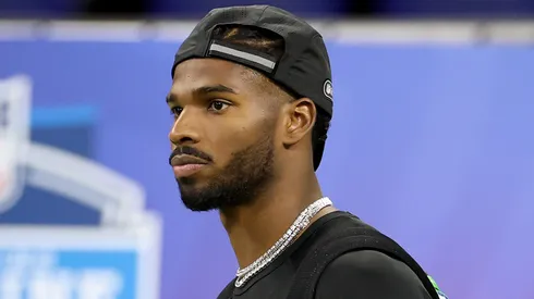 Shedeur Sanders #QB13 of Colorado looks on during the NFL Scouting Combine at Lucas Oil Stadium on March 01, 2025 in Indianapolis, Indiana.
