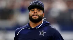 Dak Prescott #4 of the Dallas Cowboys warms up before a preseason game against the Las Vegas Raiders at AT&T Stadium on August 26, 2023 in Arlington, Texas.