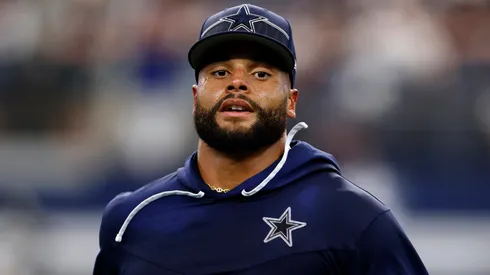Dak Prescott #4 of the Dallas Cowboys warms up before a preseason game against the Las Vegas Raiders at AT&T Stadium on August 26, 2023 in Arlington, Texas.