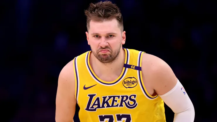 Luka Doncic #77 of the Los Angeles Lakers reacts after a basket during the third quarter against the Houston Rockets at Crypto.com Arena.