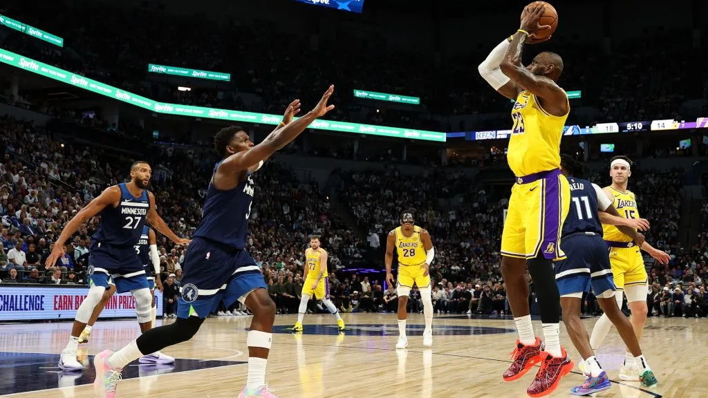LeBron James #23 shoots the ball against Anthony Edwards #5 in the first quarter of Game Three of the First Round of the 2025 NBA Playoffs. (David Berding/Getty Images)
