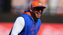 Francisco Alvarez #4 of the New York Mets reacts during spring training workouts at Clover Park on February 17, 2025 in Port St. Lucie, Florida.