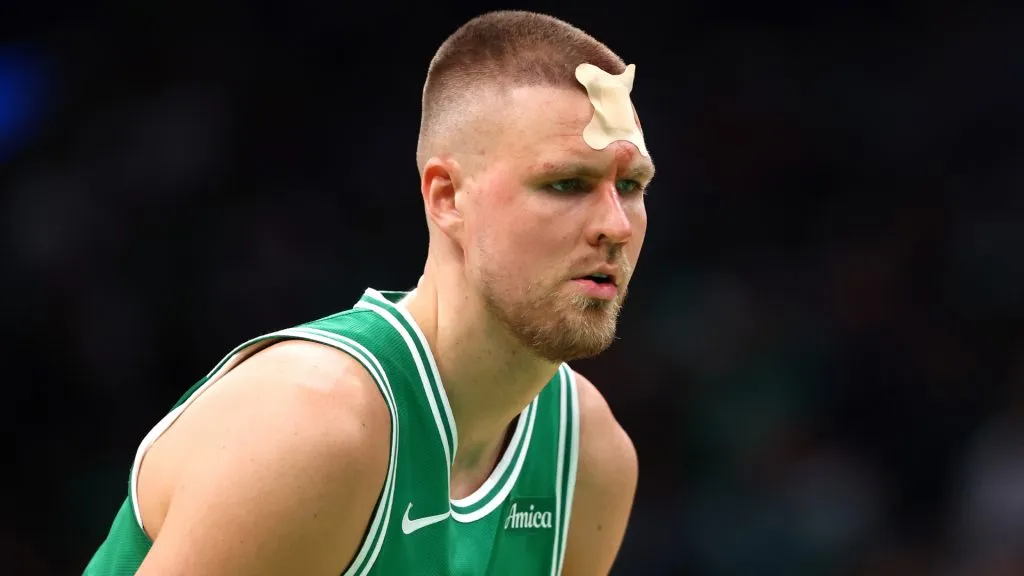 detailed view of a bandage on the head of Kristaps Porzingis #8 of the Boston Celtics during the third quarter against the Orlando Magic in Game Two. (Maddie Meyer/Getty Images)