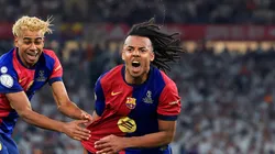 Jules Kounde of FC Barcelona celebrates scoring his team's third goal with Lamine Yamal during the Copa del Rey Final match between FC Barcelona and Real Madrid