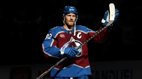 Gabriel Landeskog #92 of the Colorado Avalanche waves to fans after his team's 4-0 victory against the Dallas Stars in Game Four of the First Round of the 2025 Stanley Cup Playoffs at Ball Arena on April 26, 2025 in Denver, Colorado.