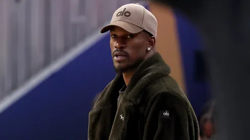 Jimmy Butler III #10 of the Golden State Warriors looks on from the bench during the first half in Game Three of the Western Conference First Round NBA Playoffs against the Houston Rockets at Chase Center on April 26, 2025 in San Francisco, California.|