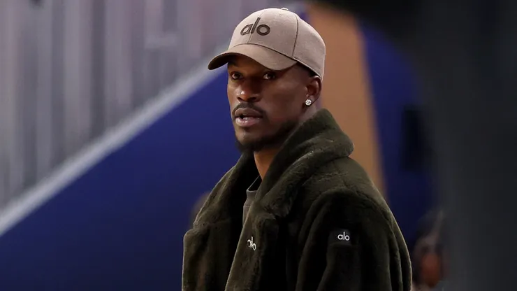 Jimmy Butler III #10 of the Golden State Warriors looks on from the bench during the first half in Game Three of the Western Conference First Round NBA Playoffs against the Houston Rockets at Chase Center on April 26, 2025 in San Francisco, California.|